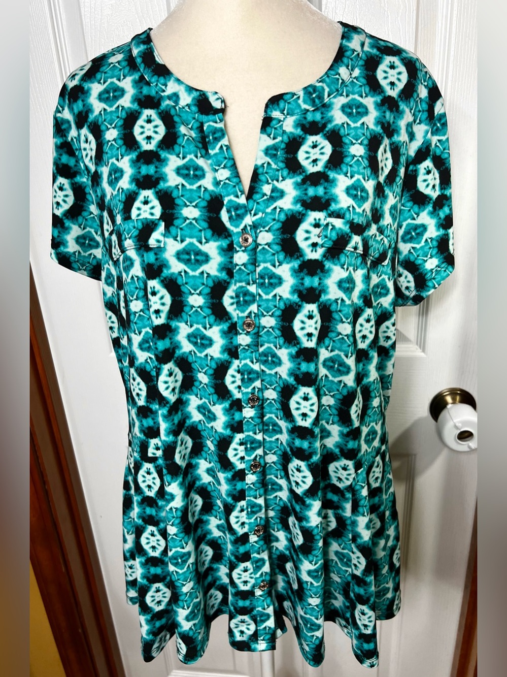 Dana Buchman Blouse Top Teal Green/Blue Tie Dye Short Sleeve T Shirt Women’s XL